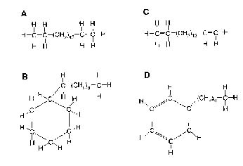 原資料碳氫化合物結構圖：A直鏈石蠟、B環烷、C含碳碳雙鍵的鏈狀結構、D苯環；玉田地正文對C與D的標號和圖形互相矛盾